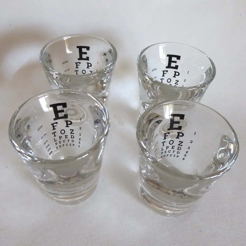 RESTORATION HARDWARE EYE CHART SHOT GLASS SET OF 4 NOVELTY BARWARE